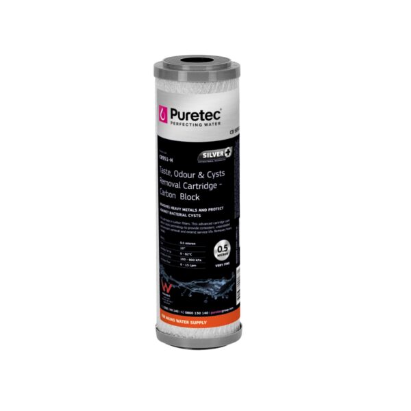 Puretec Cb Series 0.5 Micron - 10" X 2.5" Carbon Block Cartridge - Silver Impregnated & Heavy Metal Reduction
